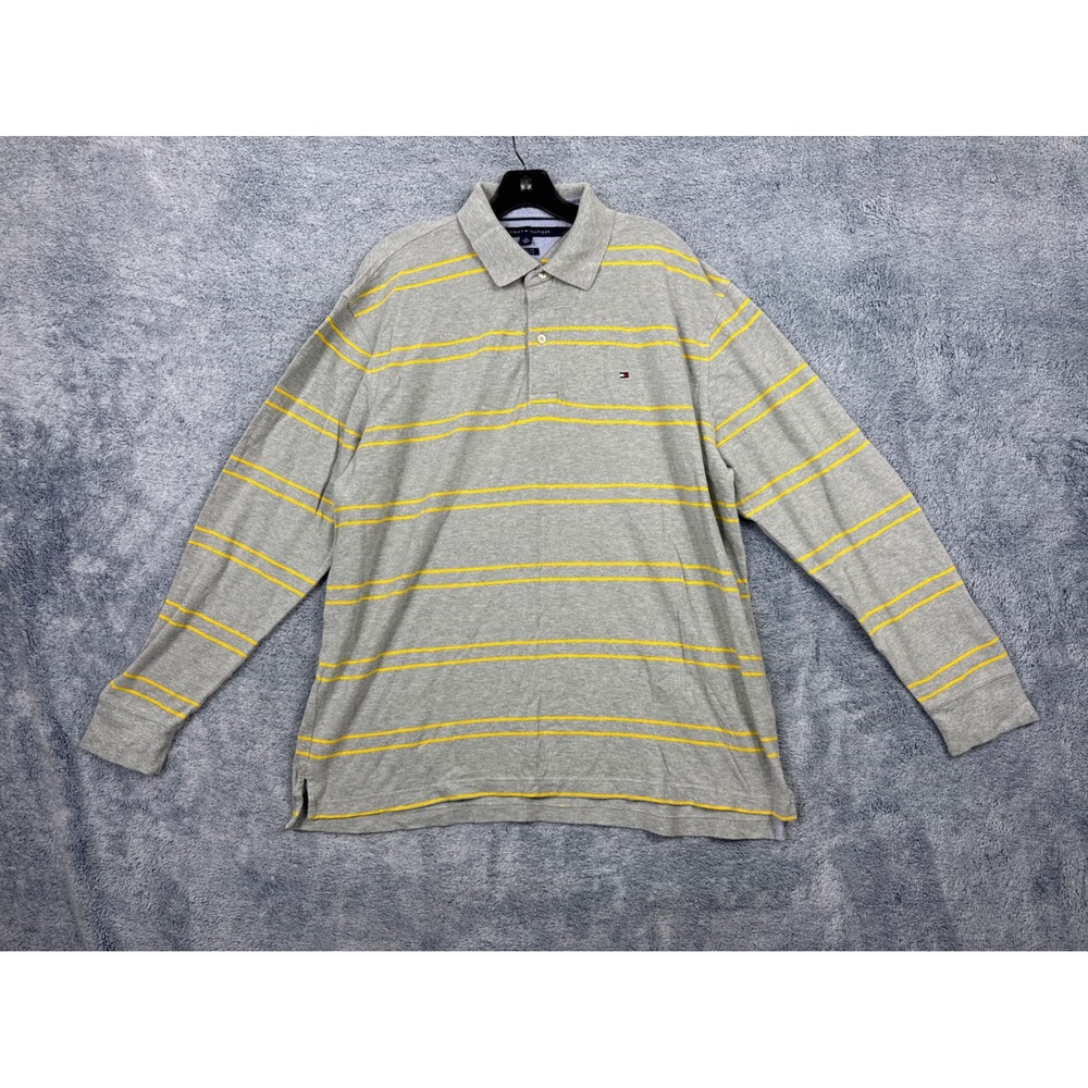 Tommy Hilfiger Mens XL Grey Yellow Striped Long Sleeve Polo Shirt Classic Fit